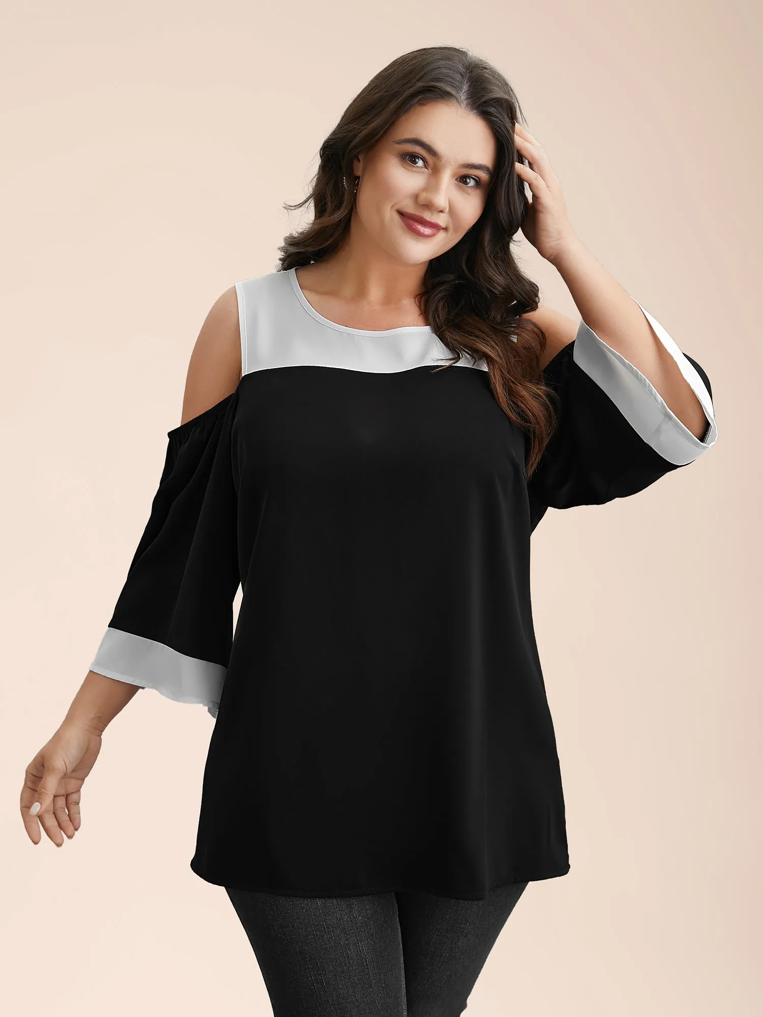 Color-Block Off-Shoulder Pleated Blouse sold by Bloomchic