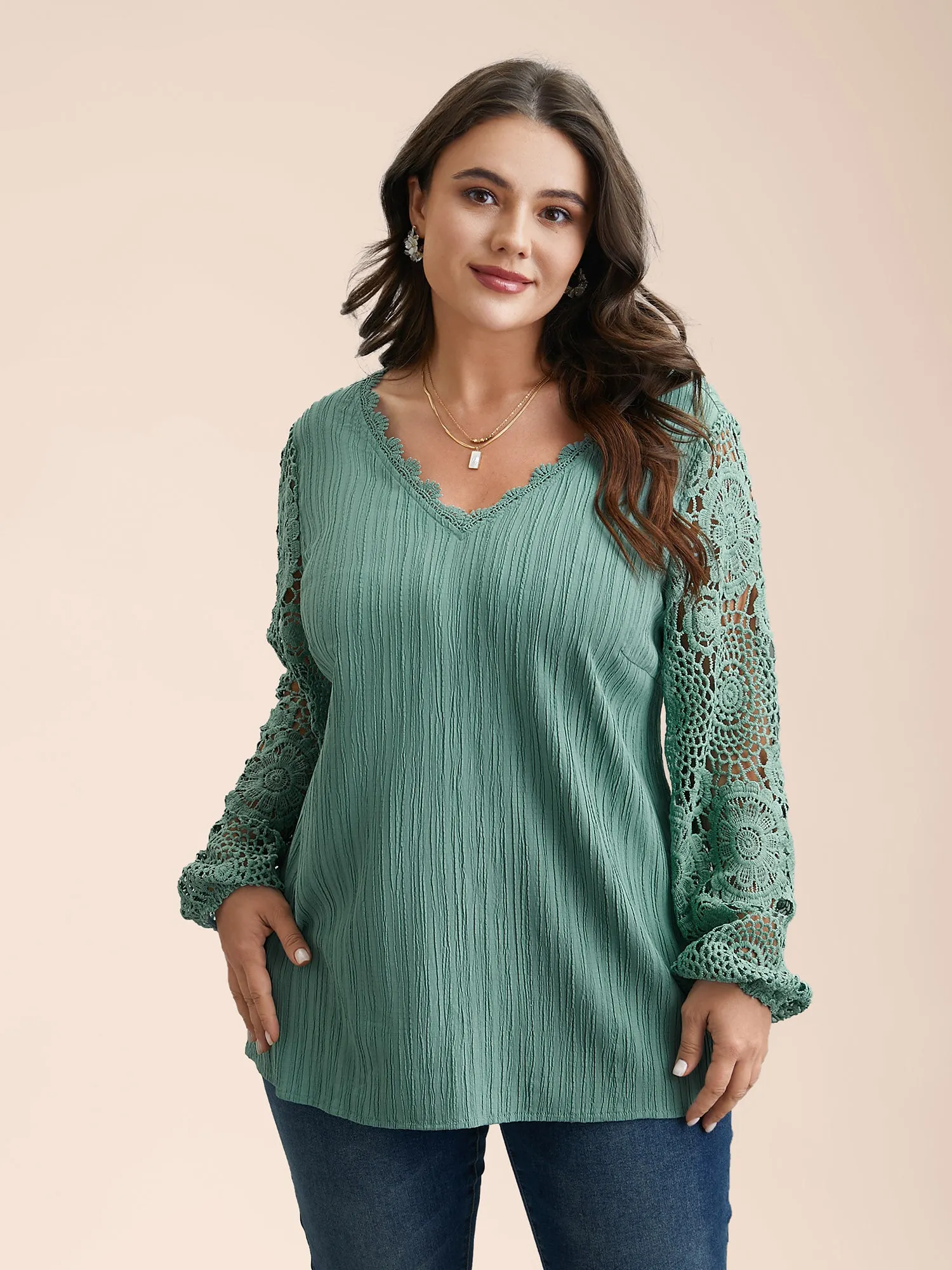 Scalloped Lace Textured Sheer Sleeve Blouse sold by Bloomchic product image thumbnail 3