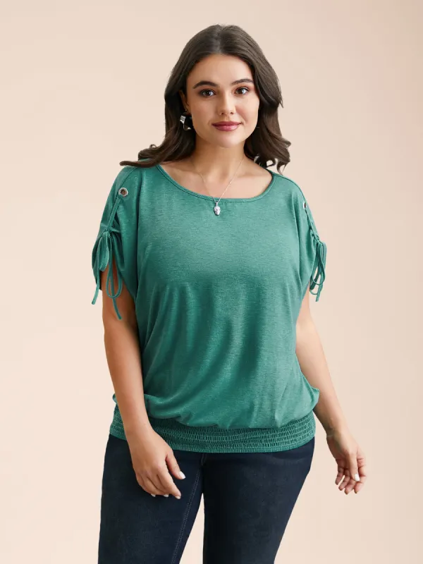Adjustable Sleeve-Tie Shirred Round Neck T-Shirt sold by Bloomchic