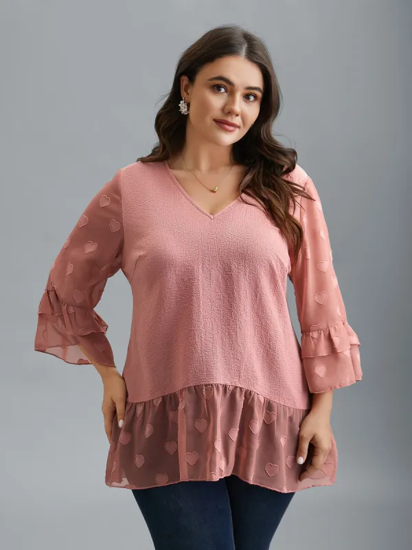 Love Textured Patchwork Sheer Tiered Ruffles Blouse sold by Bloomchic