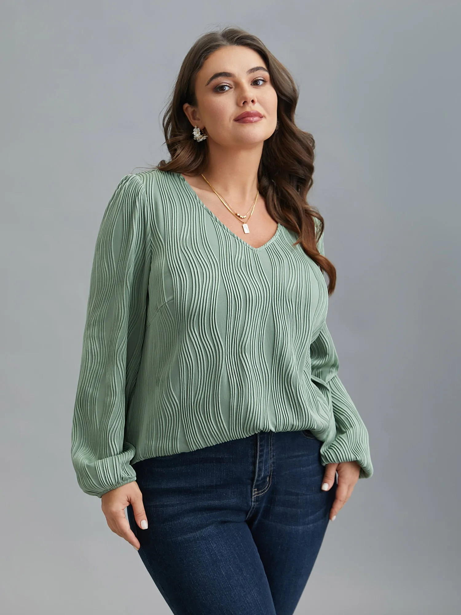 V-Neck Textured Balloon Sleeve Blouse sold by Bloomchic product image thumbnail 3