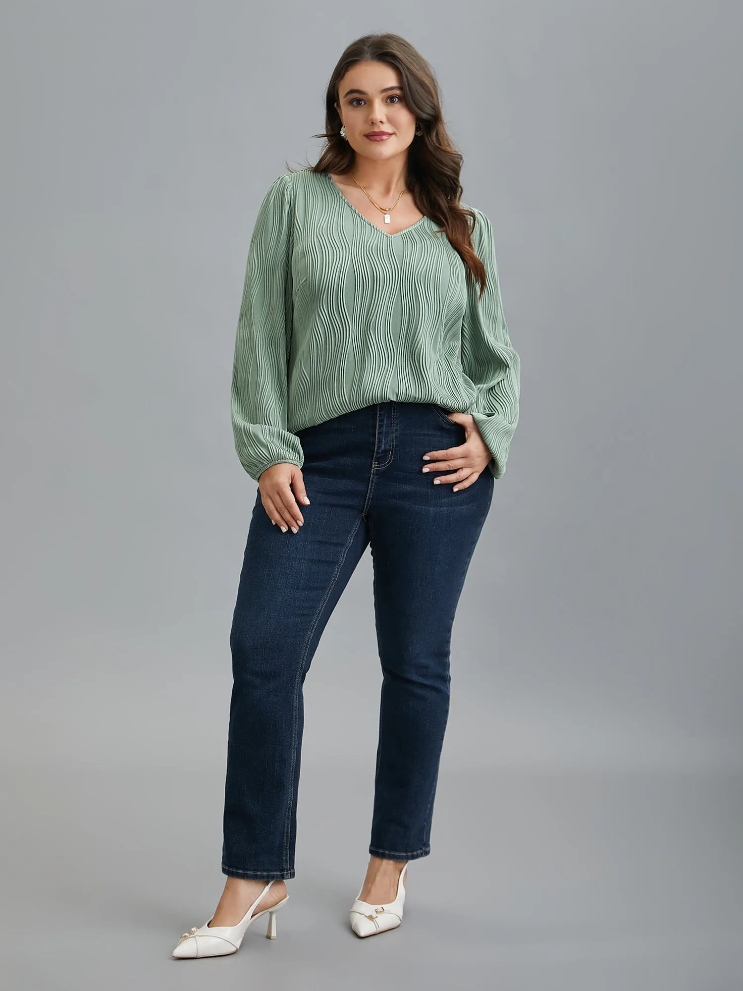 V-Neck Textured Balloon Sleeve Blouse sold by Bloomchic product image thumbnail 2