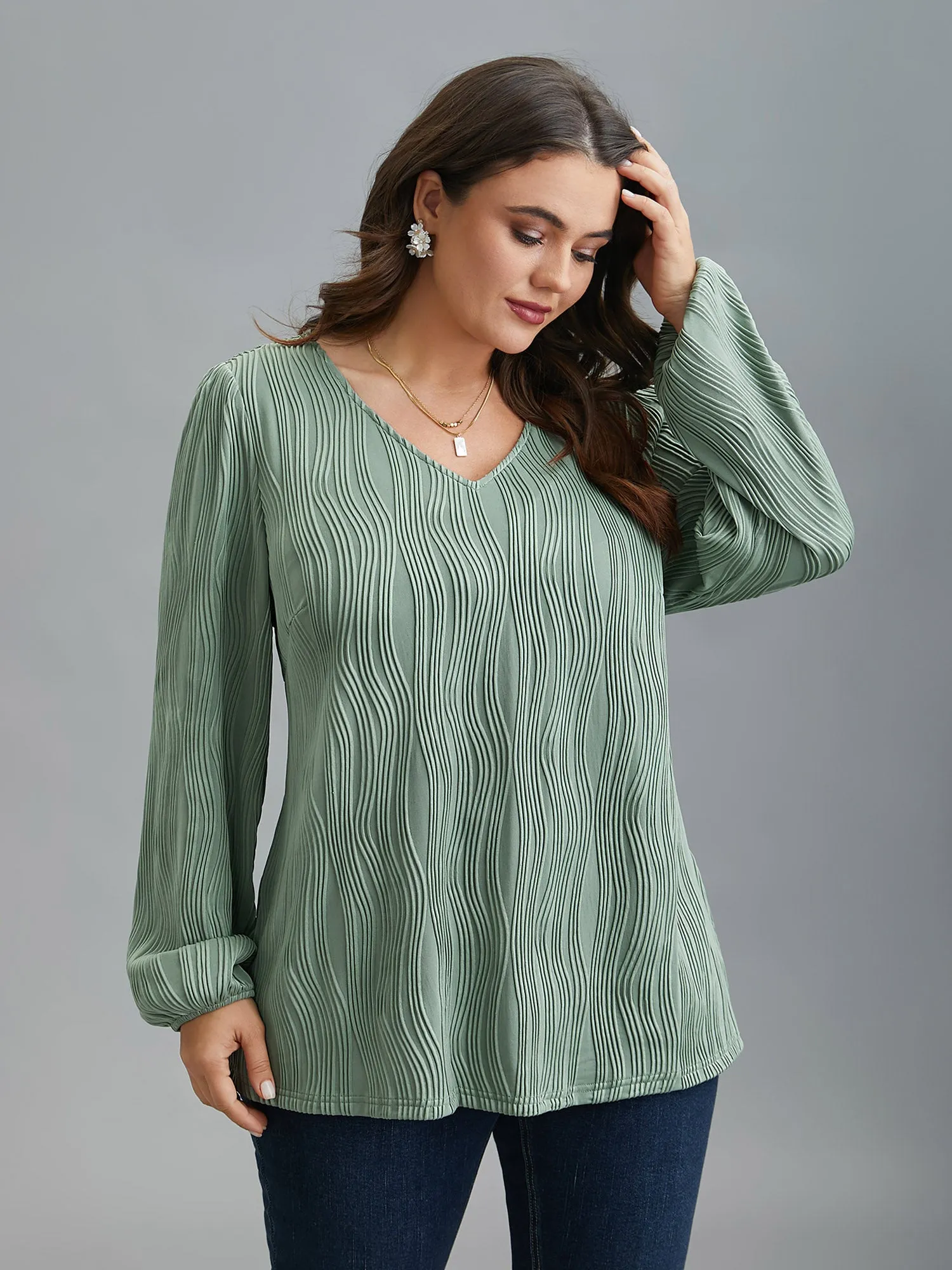 V-Neck Textured Balloon Sleeve Blouse sold by Bloomchic product image thumbnail 4