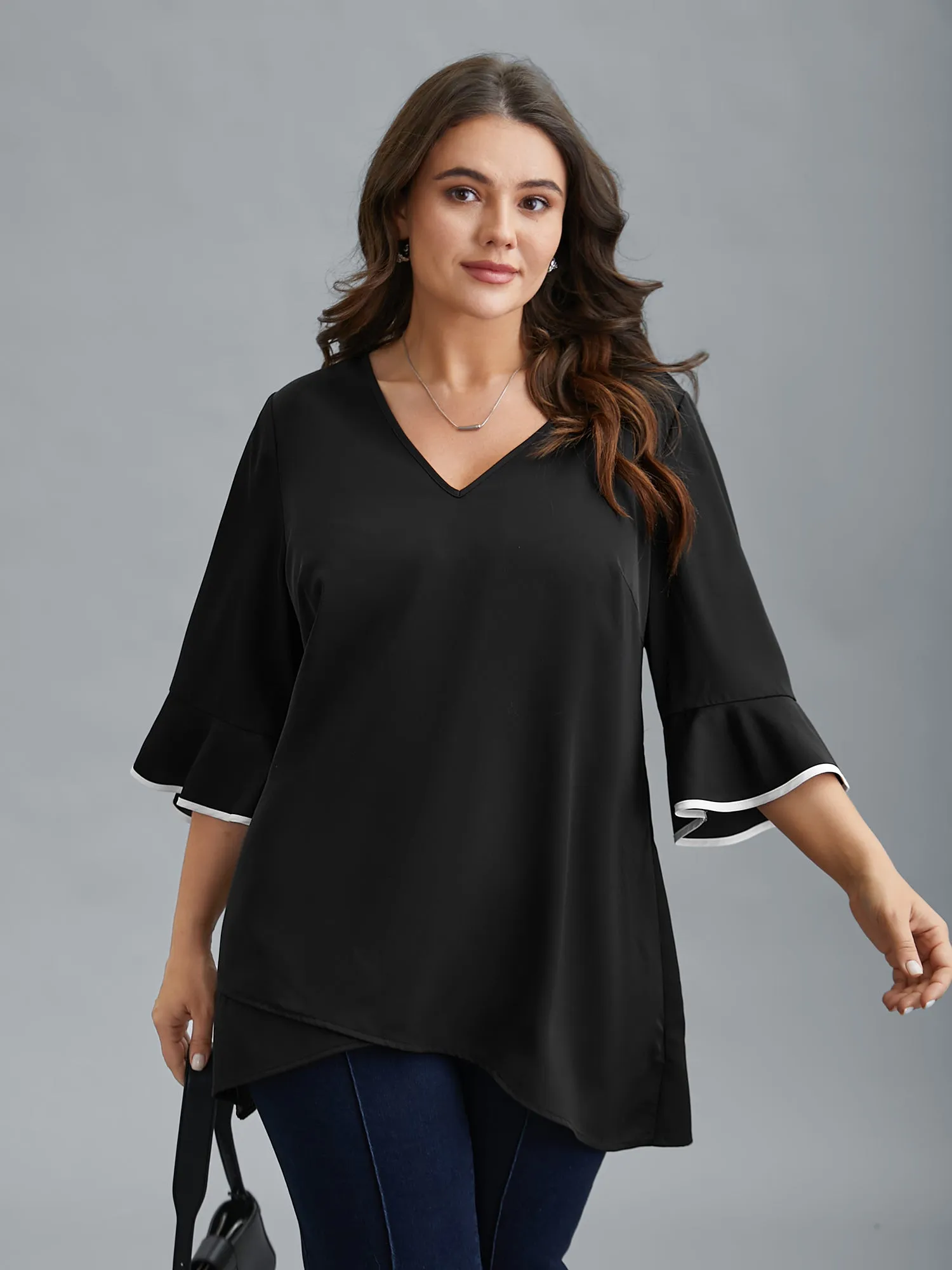 Color-Block Spliced Ruffled Overlap Hem Blouse sold by Bloomchic product image thumbnail 2