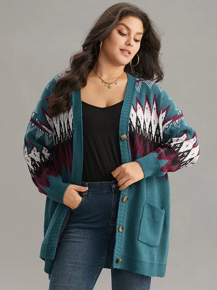 Geometric Button Through Pocket Cardigan sold by Bloomchic