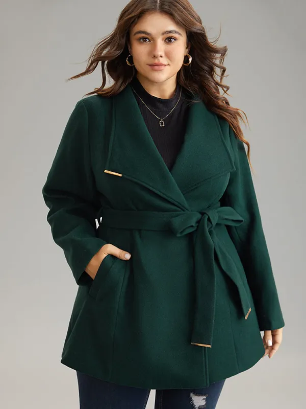 Plain Belted Metal Detail Lapel Collar Coat sold by Bloomchic