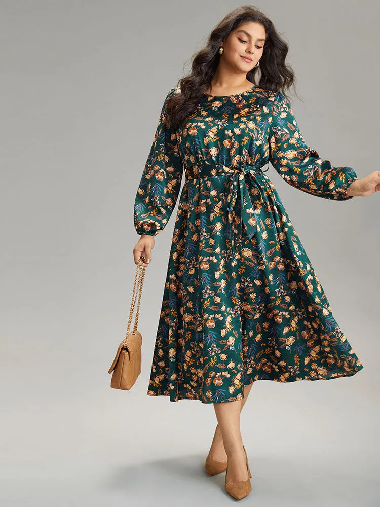 Floral Lantern Sleeve Belted Elastic Waist Dress sold by Bloomchic