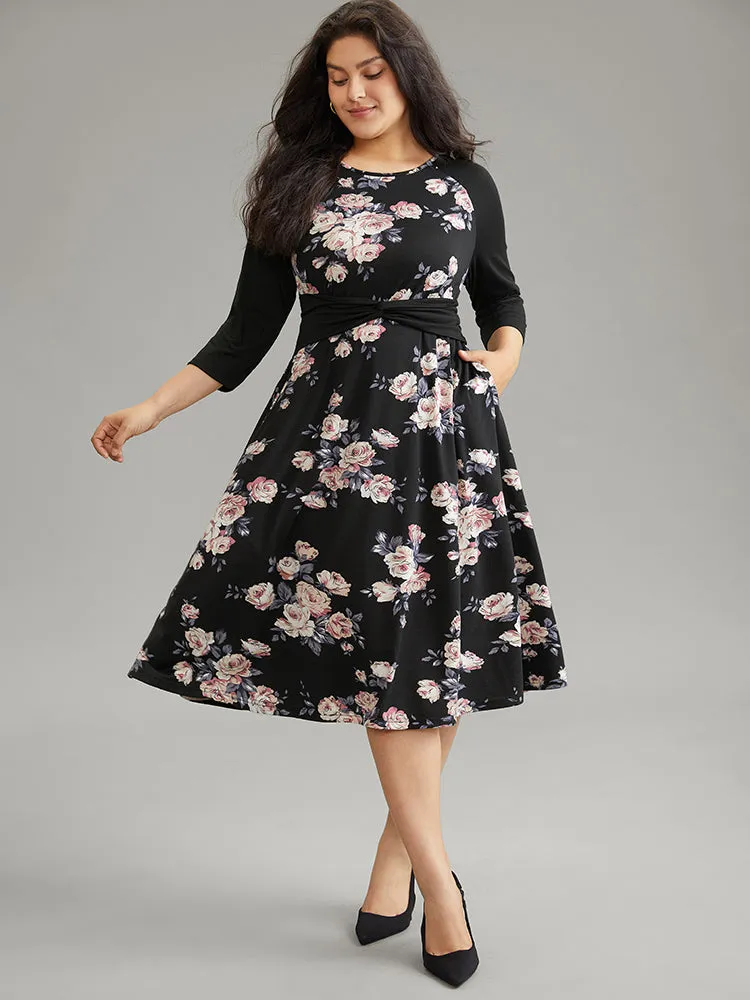 Floral Twist Front Patchwork Raglan Sleeve Dress sold by Bloomchic