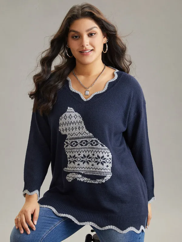 Cat Graphic Scalloped Trim Pullover sold by Bloomchic