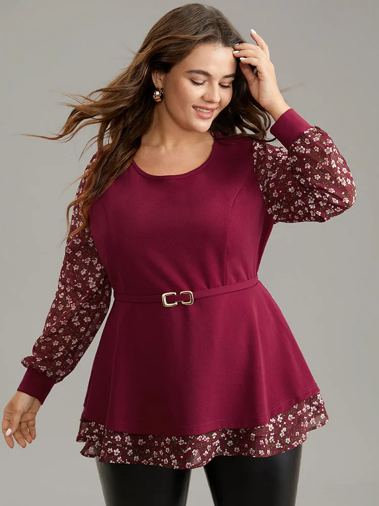 Ditsy Floral Patchwork Layered Metal Buckle Detail Blouse sold by Bloomchic