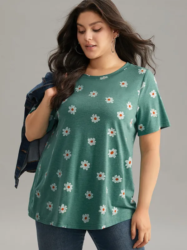 Small Daisy Print Round Neck T-shirt sold by Bloomchic