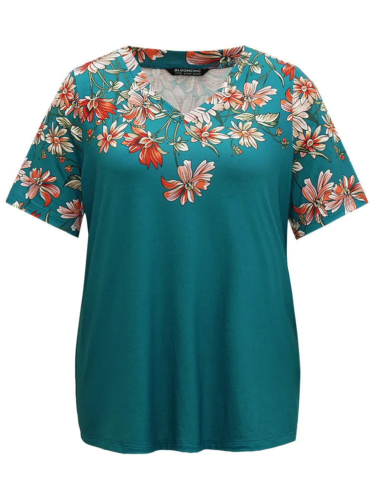 Contrast Floral Print V Neck T-shirt sold by Bloomchic product image thumbnail 5