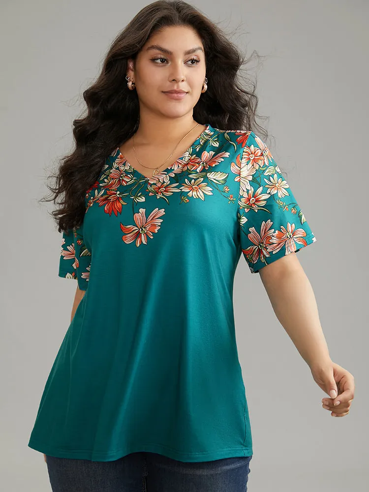 Contrast Floral Print V Neck T-shirt sold by Bloomchic