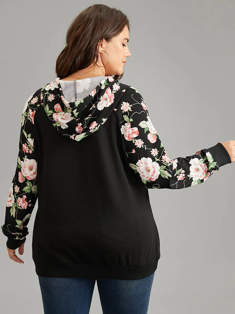 Floral Patchwork Pocket Rib Knit Hooded Sweatshirt sold by Bloomchic product image thumbnail 2