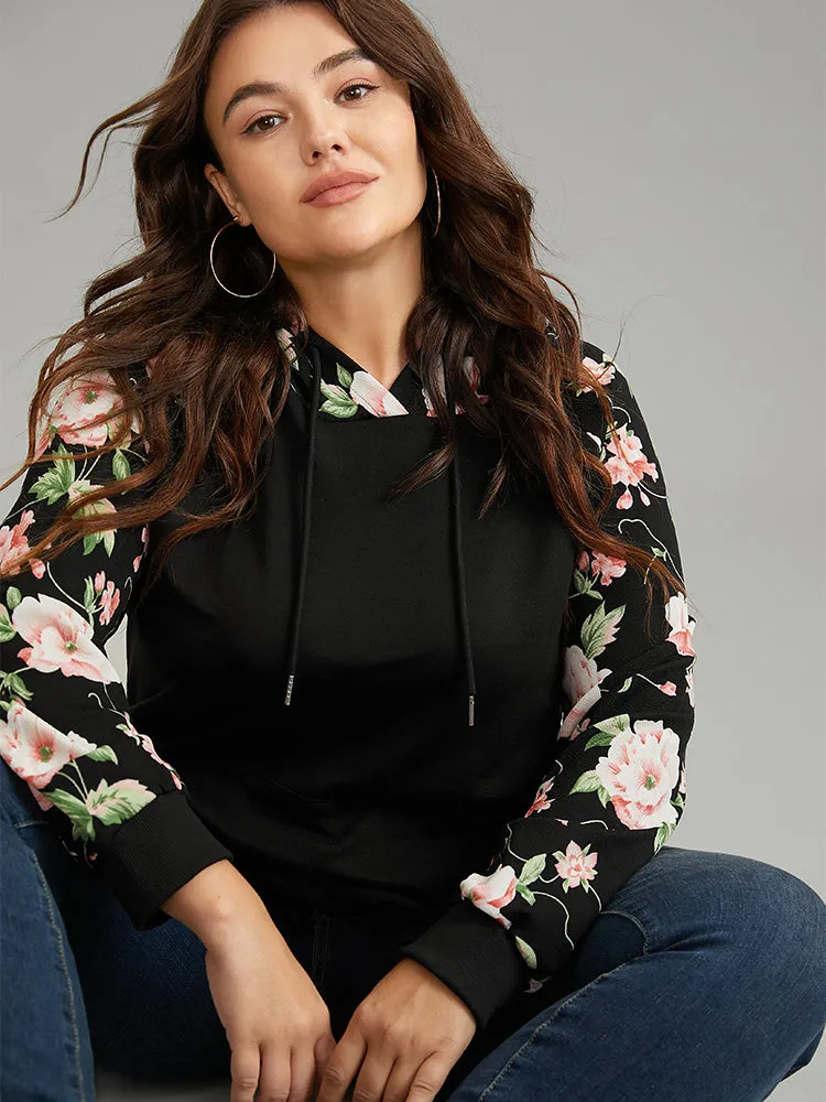 Floral Patchwork Pocket Rib Knit Hooded Sweatshirt sold by Bloomchic product image thumbnail 3