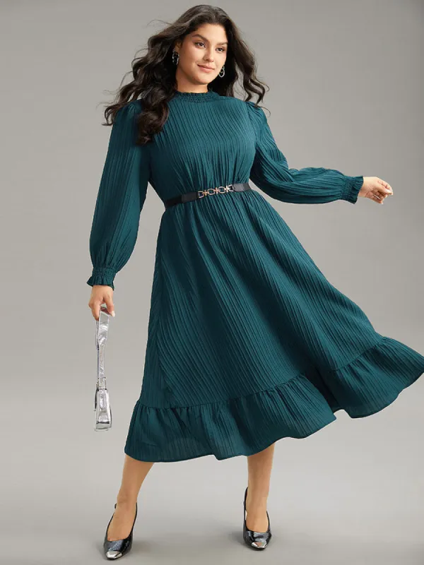 Plain Texture Elastic Waist Frill Trim Shirred Dress sold by Bloomchic
