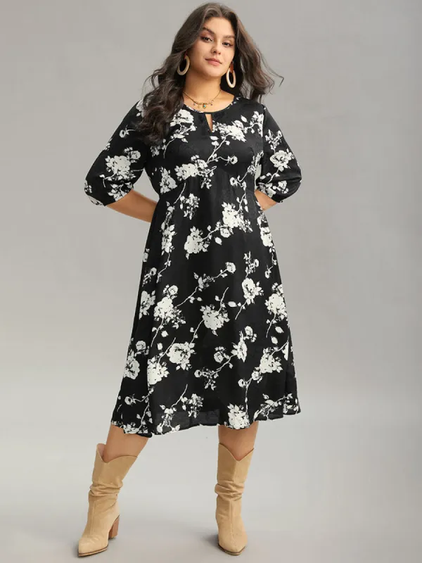 Silhouette Floral Print Texture Keyhole Lantern Sleeve Dress sold by Bloomchic