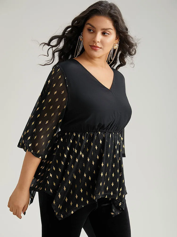 Glitter Patchwork Mesh Hanky Hem Blouse sold by Bloomchic product image thumbnail 4