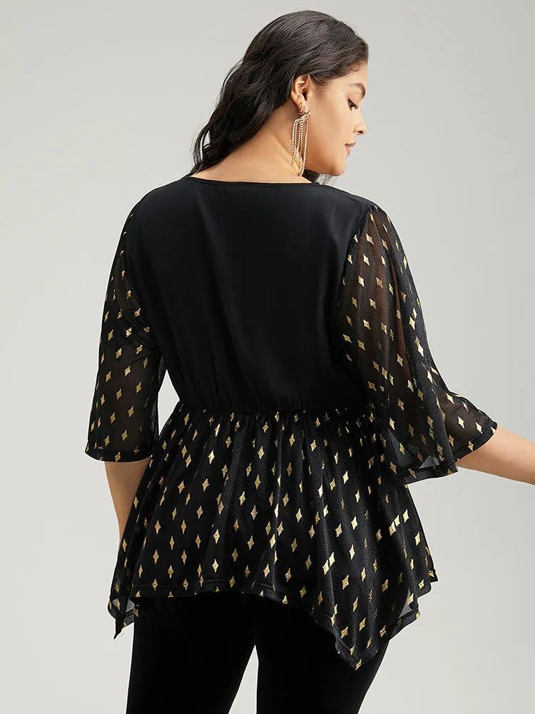 Glitter Patchwork Mesh Hanky Hem Blouse sold by Bloomchic product image thumbnail 3