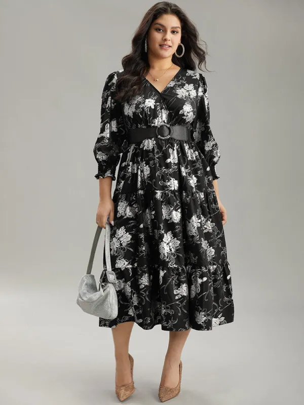 Silhouette Floral Print Glitter Wrap Shirred Dress sold by Bloomchic