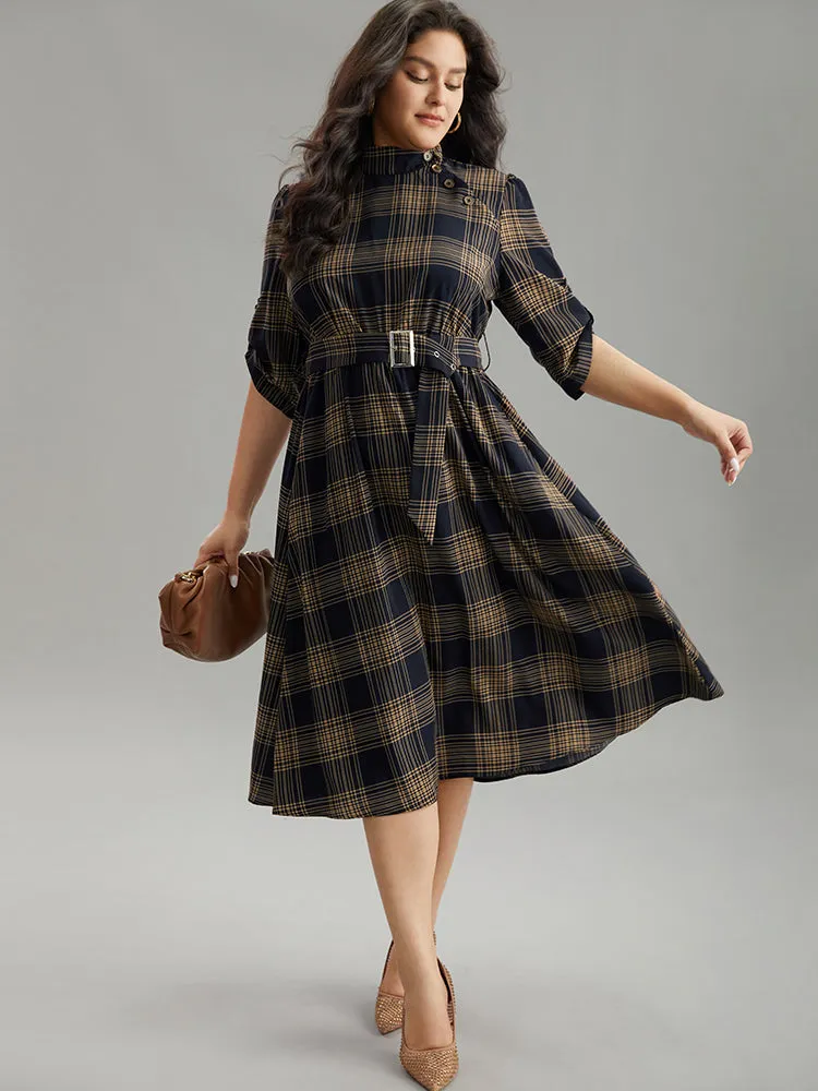Mock Neck Plaid Buckle Detail Belted Dress sold by Bloomchic