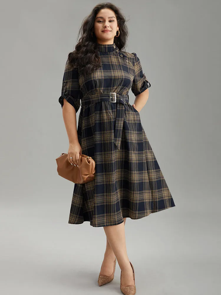 Mock Neck Plaid Buckle Detail Belted Dress sold by Bloomchic product image thumbnail 2