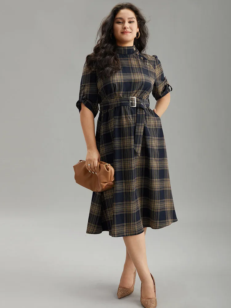 Mock Neck Plaid Buckle Detail Belted Dress sold by Bloomchic product image thumbnail 4