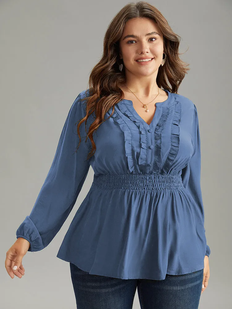 Solid Frill Trim Shirred Flutter Hem Blouse sold by Bloomchic