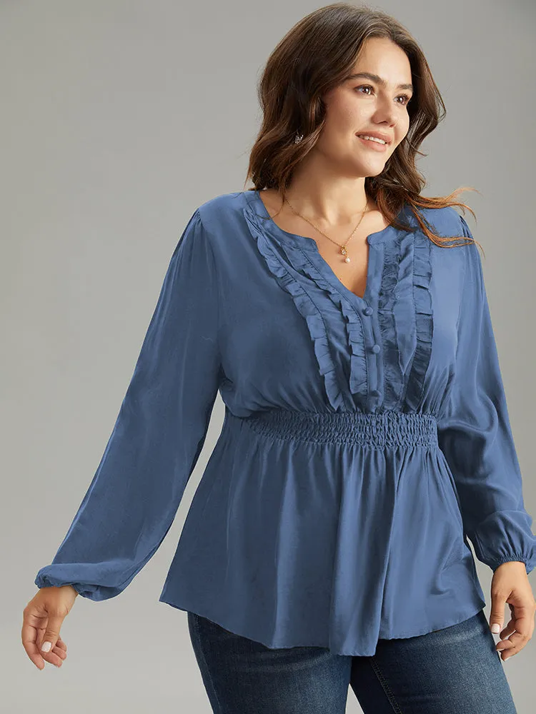 Solid Frill Trim Shirred Flutter Hem Blouse sold by Bloomchic product image thumbnail 3