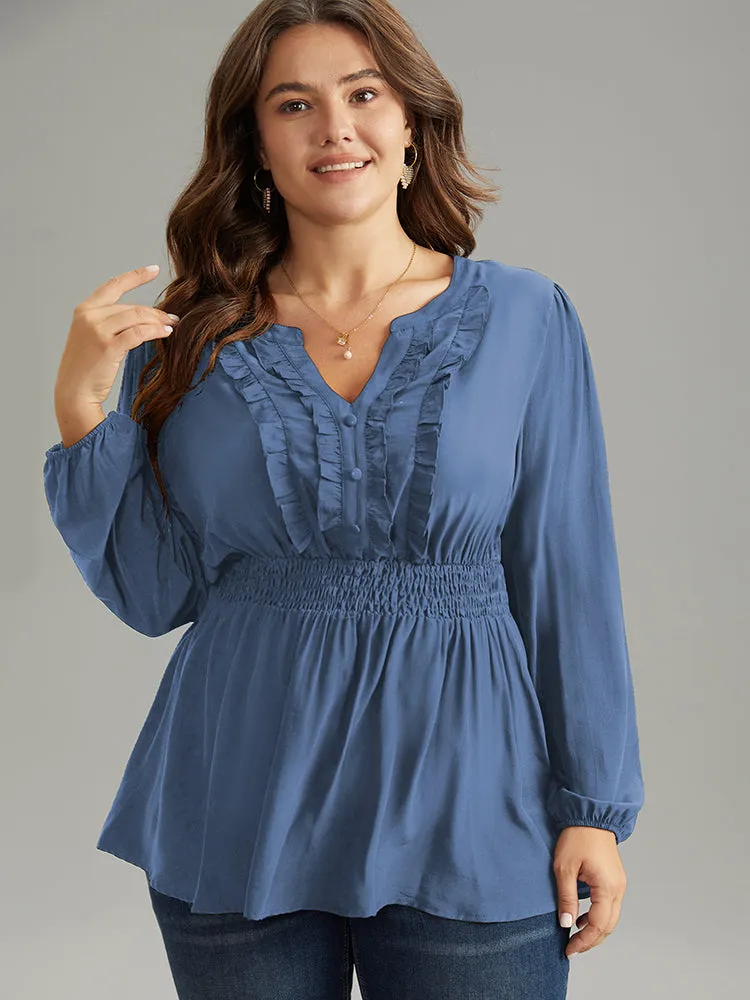 Solid Frill Trim Shirred Flutter Hem Blouse sold by Bloomchic product image thumbnail 2