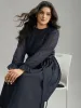 Twill Mesh Patchwork Belted Plicated Detail Dress sold by Bloomchic
