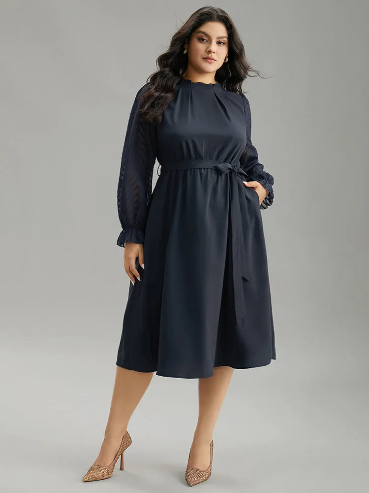 Twill Mesh Patchwork Belted Plicated Detail Dress sold by Bloomchic product image thumbnail 2