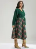 Twill Plaid Print Notched Contrast Belted Dress sold by Bloomchic
