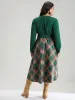 Twill Plaid Print Notched Contrast Belted Dress sold by Bloomchic