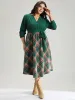Twill Plaid Print Notched Contrast Belted Dress sold by Bloomchic