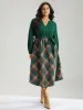 Twill Plaid Print Notched Contrast Belted Dress sold by Bloomchic