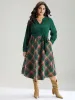 Twill Plaid Print Notched Contrast Belted Dress sold by Bloomchic