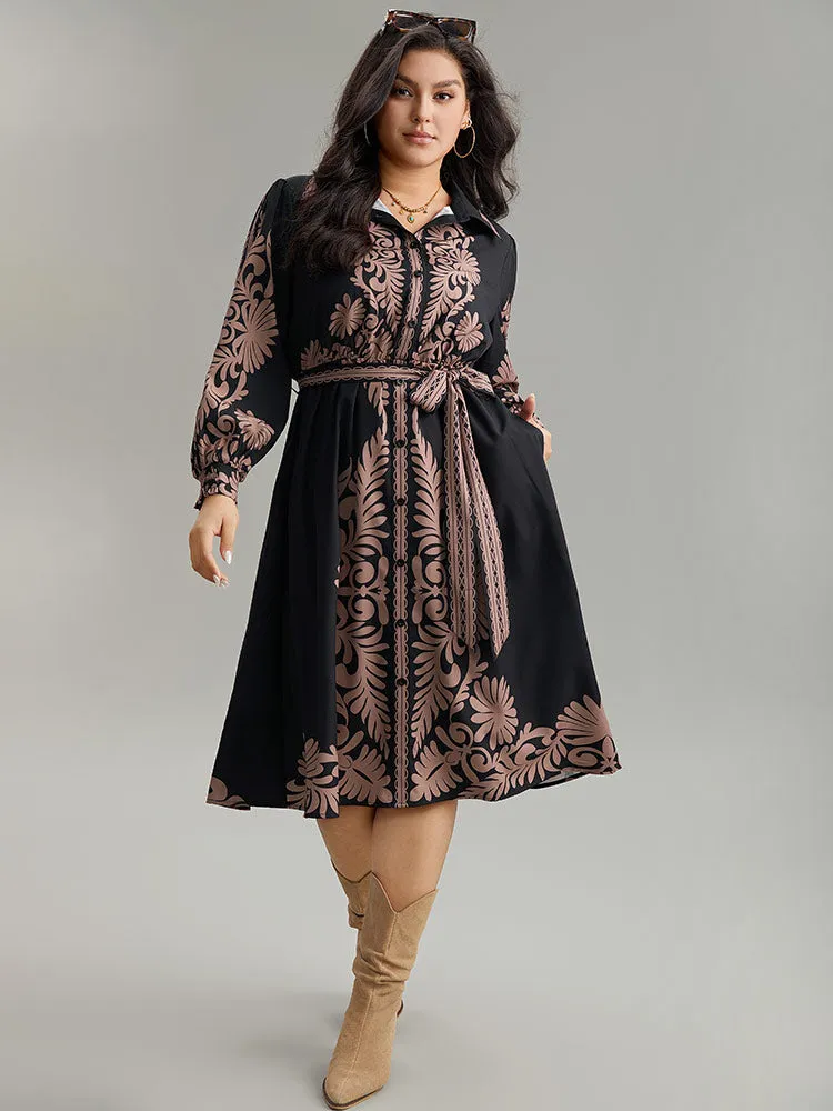 Boho Print Shirt Collar Belted Dress sold by Bloomchic