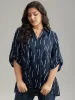 Geometric Shirt Collar Roll Tab Sleeve Blouse sold by Bloomchic