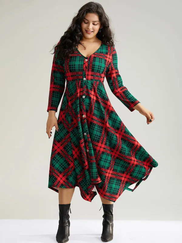 Christmas Plaid Button Detail Hanky Hem Dress sold by Bloomchic