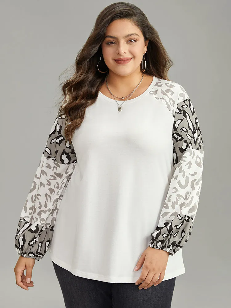 Leopard Patchwork Contrast Lantern Sleeve Sweatshirt sold by Bloomchic