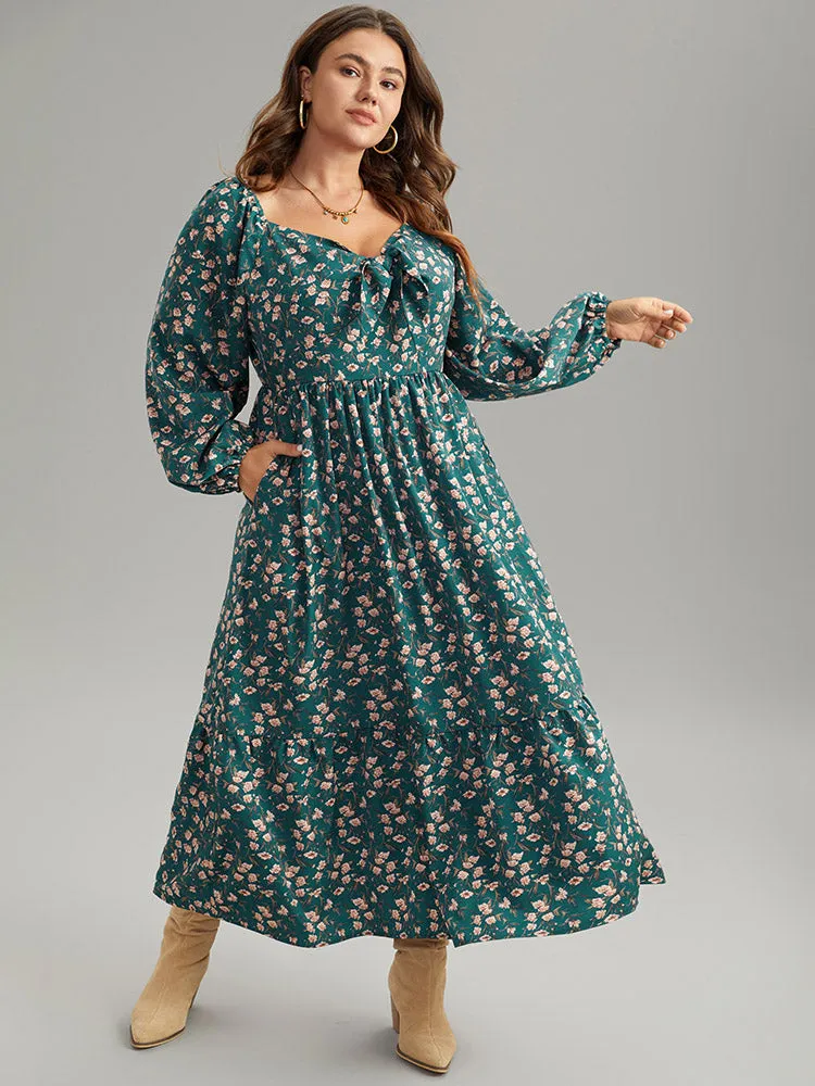 Ditsy Floral Square Neck Elastic Waist Ties Dress sold by Bloomchic