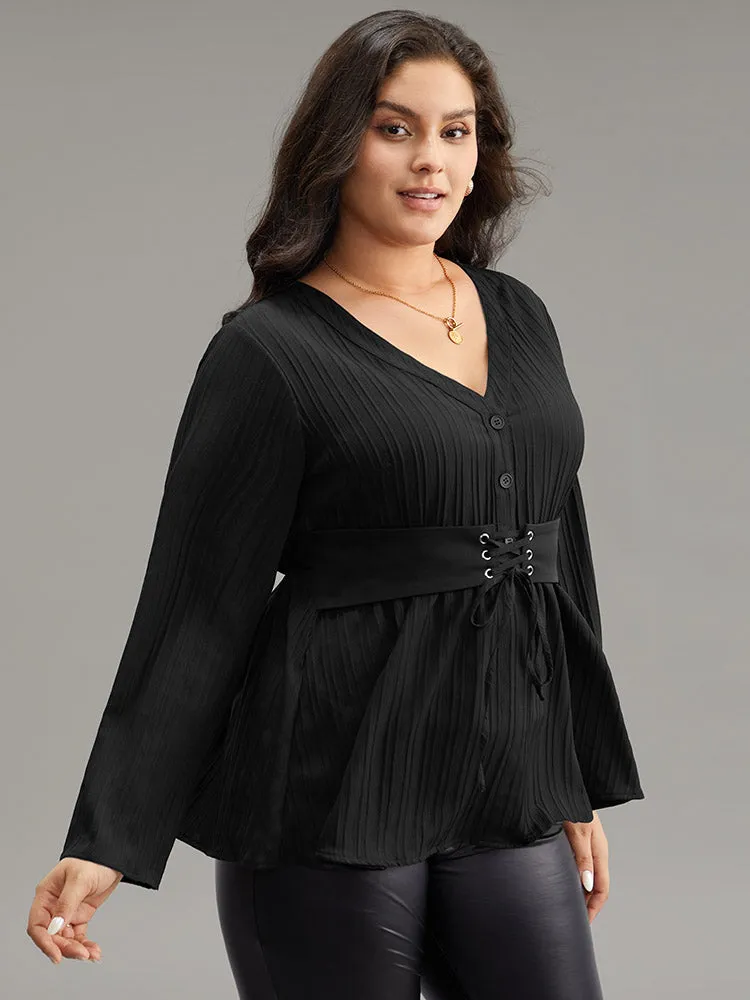 Solid Textured Button Detail Lace Up Blouse sold by Bloomchic product image thumbnail 5