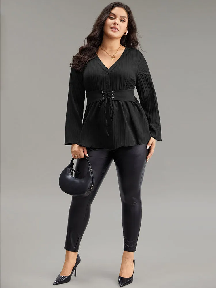 Solid Textured Button Detail Lace Up Blouse sold by Bloomchic product image thumbnail 4