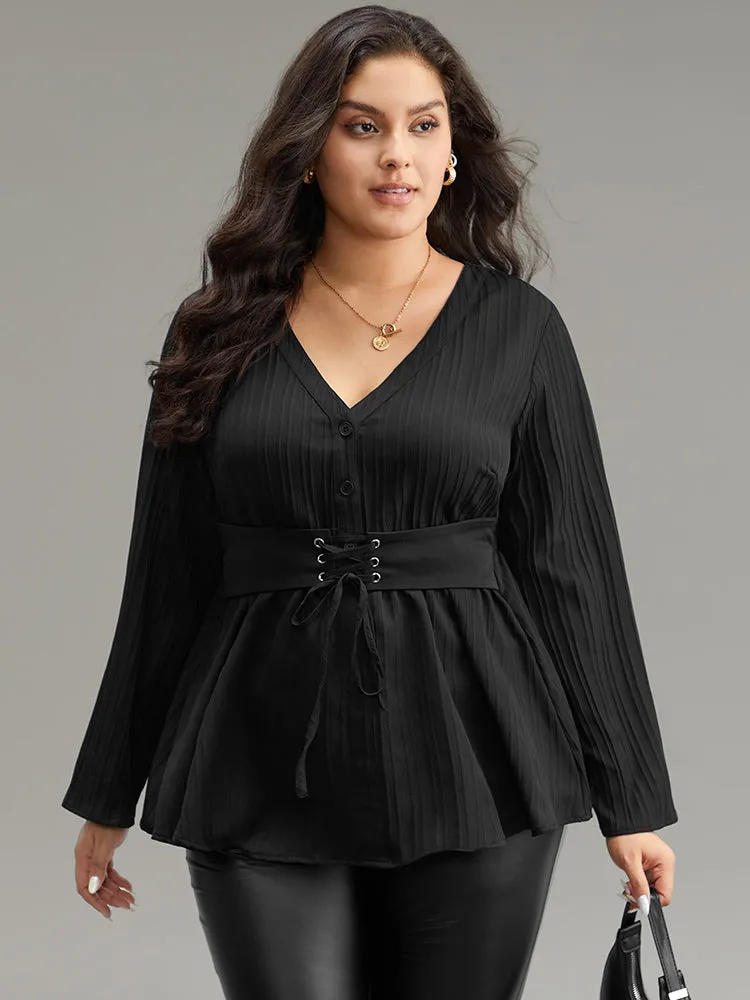 Solid Textured Button Detail Lace Up Blouse sold by Bloomchic