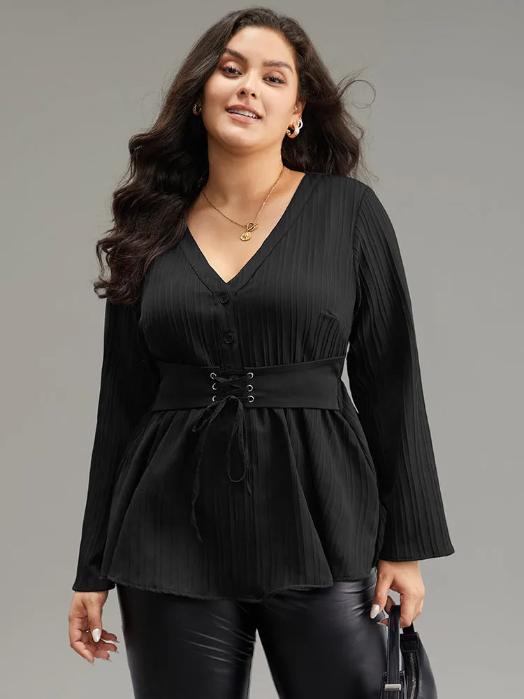 Solid Textured Button Detail Lace Up Blouse sold by Bloomchic product image thumbnail 3