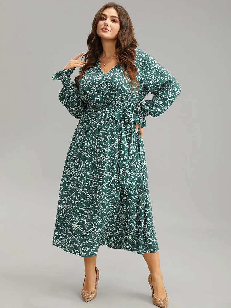 Ditsy Floral Shirred Belted Notched Dress sold by Bloomchic product image thumbnail 4