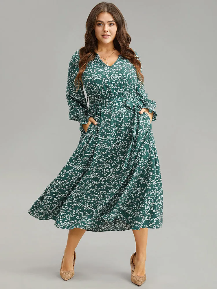 Ditsy Floral Shirred Belted Notched Dress sold by Bloomchic product image thumbnail 2