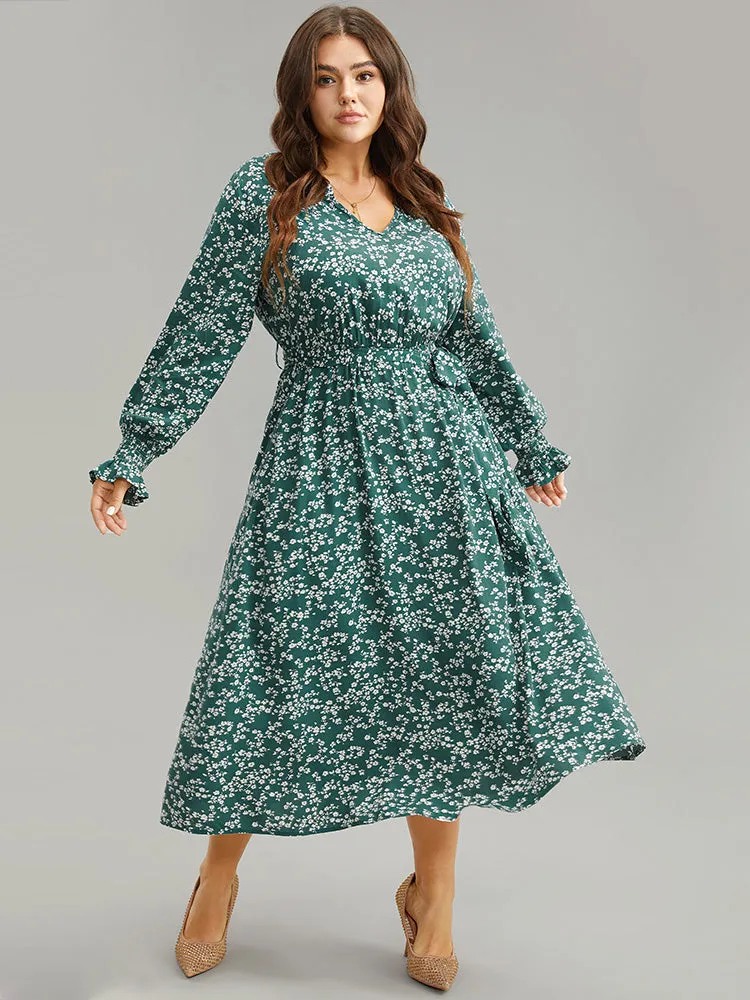Ditsy Floral Shirred Belted Notched Dress sold by Bloomchic