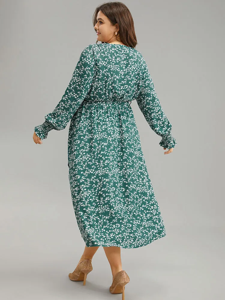 Ditsy Floral Shirred Belted Notched Dress sold by Bloomchic product image thumbnail 3